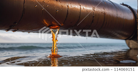 Conceptual illustration of a toxic liquid being discharged directly into the sea from an industrial plant or leaking from a faulty pipeline - ai generated 114069151