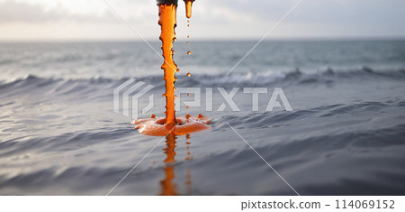 Conceptual illustration of a toxic liquid being discharged directly into the sea from an industrial plant or leaking from a faulty pipeline - ai generated 114069152