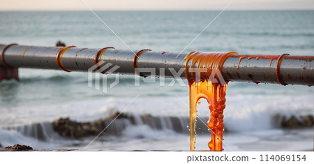 Conceptual illustration of a toxic liquid being discharged directly into the sea from an industrial plant or leaking from a faulty pipeline - ai generated 114069154