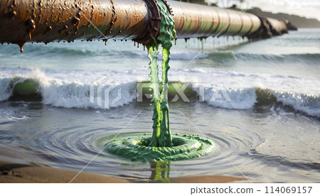 Conceptual illustration of a toxic liquid being discharged directly into the sea from an industrial plant or leaking from a faulty pipeline - ai generated 114069157