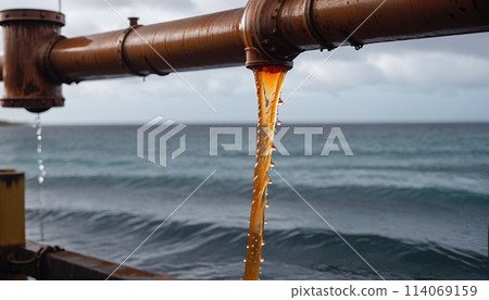 Conceptual illustration of a toxic liquid being discharged directly into the sea from an industrial plant or leaking from a faulty pipeline - ai generated 114069159