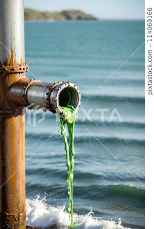 Conceptual illustration of a toxic liquid being discharged directly into the sea from an industrial plant or leaking from a faulty pipeline - ai generated 114069160