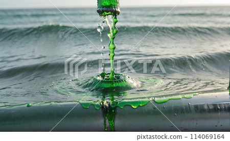 Conceptual illustration of a toxic liquid being discharged directly into the sea from an industrial plant or leaking from a faulty pipeline - ai generated 114069164