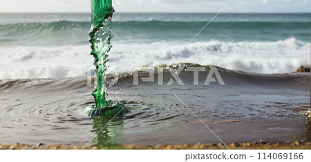 Conceptual illustration of a toxic liquid being discharged directly into the sea from an industrial plant or leaking from a faulty pipeline - ai generated 114069166