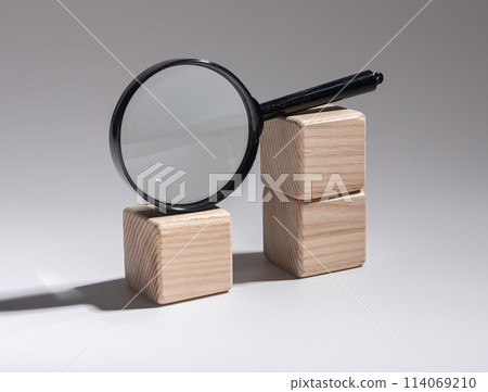 Business analysis, economic review using magnifying glass. Financial data inspection, market trend 114069210