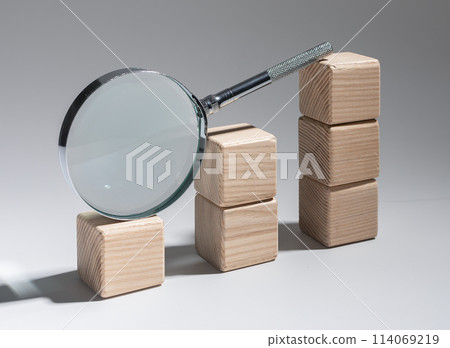 Financial graph analysis, market research with magnifying glass. Economic study, business analytics, 114069219