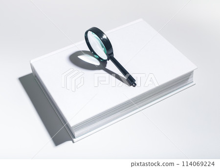 magnifying glass, studying books. Detailed examination of literature, educational research in magnifying glass, studying books. Detailed examination of literature, educational research in 114069224
