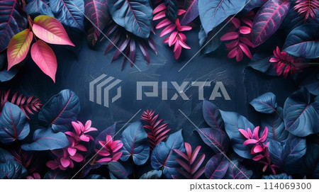 A stunning display of tropical monstera leaves, artfully tinted in shades of blue and pink, creates a lush and vivid backdrop. 114069300