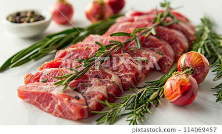 Plate With Slices of Meat and Herbs 114069457