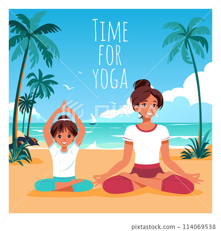 Family doing yoga in Lotus pose on sea beach 114069538