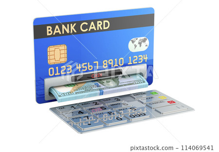 Credit card as ATM machine with dollars. Withdrawing dollar banknotes, 3D rendering 114069541