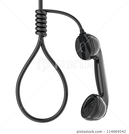 Crisis hotline, concept. Noose, hangmans knot from cable of telephone receiver. 3D rendering Crisis hotline, concept. Noose, hangmans knot from cable of telephone receiver. 3D rendering 114069542