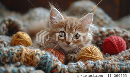 Kitten Lounging on Yarn Pile 114069563