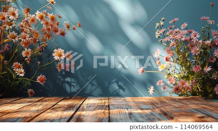 Wooden Table Covered With Abundant Flowers 114069564