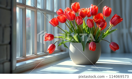 Vase Filled With Red Flowers on Window Sill Vase Filled With Red Flowers on Window Sill 114069573