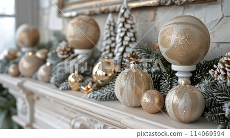 Christmas Ornaments Adorning Mantle 114069594