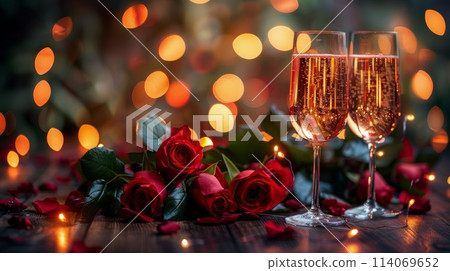 Two Glasses of Champagne With Strawberries and Roses 114069652