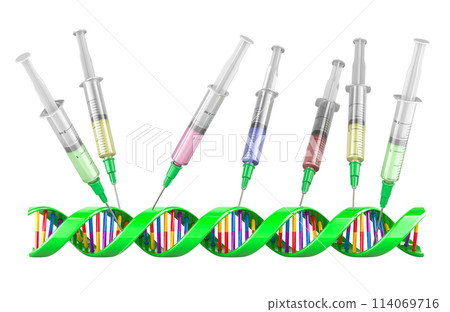 DNA spiral with Syringes. Biotechnology research, concept. 3D rendering 114069716