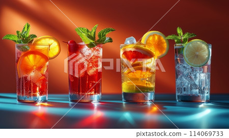 Three Glasses Filled With Different Types of Drinks 114069733