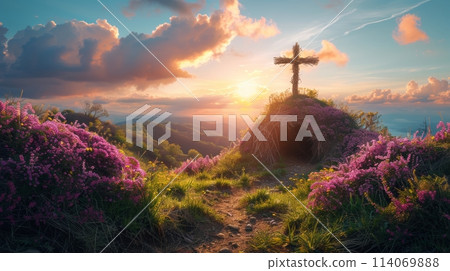 Cross on Top of Green Hillside 114069888