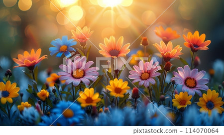 Vivid cosmos flowers in shades of orange and pink dance under the sunlight with a whimsical bokeh backdrop. 114070064