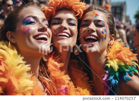Friends Laughing in Carnival Costumes 114070257