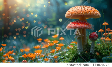 Group of Mushrooms on Lush Green Field 114070278