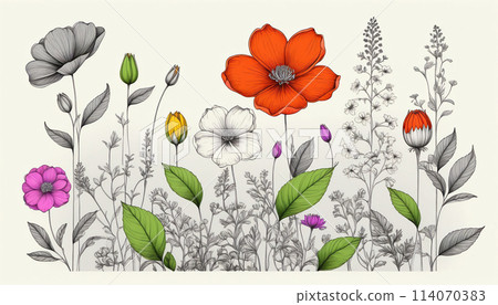 Illustrative colorful image of a close-up of flowering plants in a meadow in spring - ai generated image 114070383
