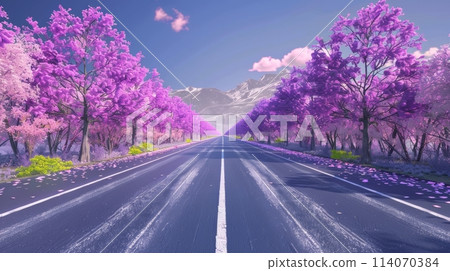 Highway with Blossoming Purple Trees and Mountain View 114070384