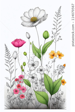 Illustrative colorful image of a close-up of flowering plants in a meadow in spring - ai generated image 114070567