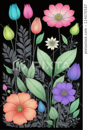 Illustrative colorful image of a close-up of flowering plants in a meadow in spring - ai generated image 114070587