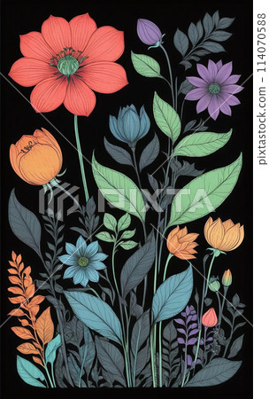 Illustrative colorful image of a close-up of flowering plants in a meadow in spring - ai generated image 114070588