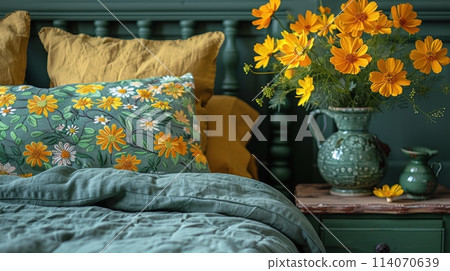 Bed With Yellow Flowers in Green Vase 114070639