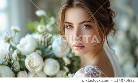 Bride Holding a Bouquet of White Flowers 114070682