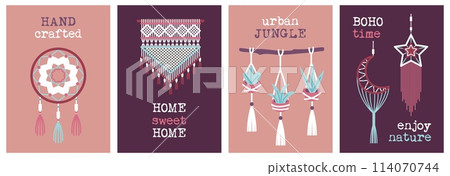 Braided boho decorations. Macrame posters, handmade items, ropes, loops and knots, ethnic dream catcher. Cozy home elements, handcrafted items, cartoon flat isolated illustration tidy vector set Braided boho decorations. Macrame posters, handmade items, ropes, loops and knots, ethnic dream catcher. Cozy home elements, handcrafted items, cartoon flat isolated illustration tidy vector set 114070744