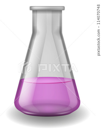 Chemical laboratory glassware. Transparent lab glass bottle with purple liquid. Medical or pharmaceutical science equipment. Vector realistic isolated test container illustration 114070748