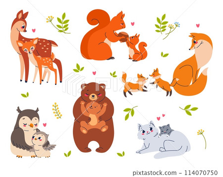 Happy parents and kids animals. Cute mothers with children, wildlife characters, cartoon fauna families, babies with moms, deer with fawn, fox and bear, cat and owl, vector cartoon flat set 114070750