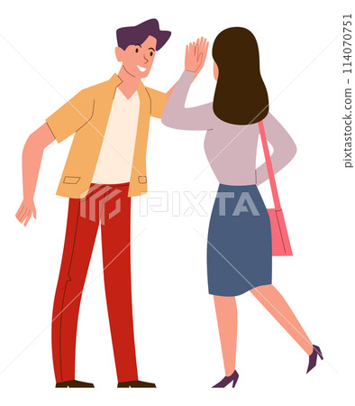 High five. Happy people informal greeting joyful emotional gesture. Happy man and woman friends together, colleague in office, partnership concept. Vector cartoon flat isolated illustration 114070751