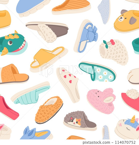 Home cozy slippers seamless pattern. Comfortable colorful house shoes, textile and fluffy fur footwear, cute animal faces, decor textile, wrapping, wallpaper design. Vector background 114070752