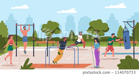 People on street workout. Athletes engaged fitness on outdoor sports ground, park turnstiles and exercise equipment, summer healthy lifestyle, cartoon flat style nowaday vector concept 114070753