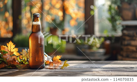Bottle of Beer on Wooden Table 114070835