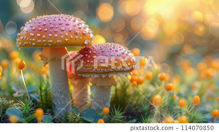 Group of Mushrooms on Lush Green Field 114070850