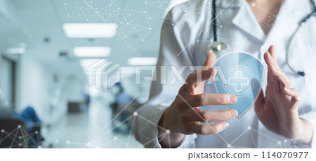 Doctor showing medical health symbol. 114070977