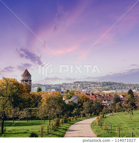 Germany, Stuttgart panorama view. Beautiful houses in autumn, Sky and nature landscape. Vineyards in Stuttgart - colorful wine growing region in the south of Germany with view over Neckar Valley Germany, Stuttgart panorama view. Beautiful houses in autumn, Sky and nature landscape. Vineyards in Stuttgart - colorful wine growing region in the south of Germany with view over Neckar Valley 114071027