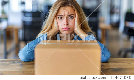 Distressed young woman with hands on head in front of a cardboard box, expressing frustration. 114071078