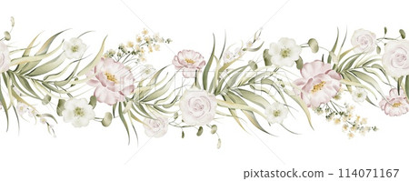 Delicate watercolor roses. Floral seamless border of plants and flowers. Wedding decoration for invitation design. Garland of foliage on a white background in pastel colors. Delicate watercolor roses. Floral seamless border of plants and flowers. Wedding decoration for invitation design. Garland of foliage on a white background in pastel colors. 114071167
