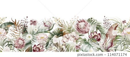 Floral border of tropical flowers and leaves. Watercolor plant seamless pattern. Ornament with exotic floral. Wedding decoration for frames and cards. Floral border of tropical flowers and leaves. Watercolor plant seamless pattern. Ornament with exotic floral. Wedding decoration for frames and cards. 114071174