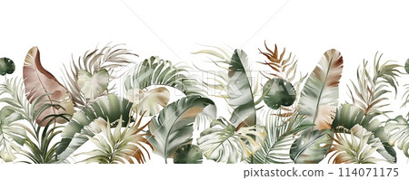 Watercolor botanical seamless tropics border. Green exotic jungle on a white background. Floral decoration for print design. Tropical fresh forest painted background. Watercolor botanical seamless tropics border. Green exotic jungle on a white background. Floral decoration for print design. Tropical fresh forest painted background. 114071175
