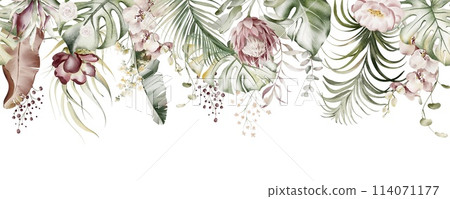 Floral border of tropical flowers and leaves. Watercolor plant seamless pattern. Ornament with exotic floral. Wedding decoration for frames and cards. Floral border of tropical flowers and leaves. Watercolor plant seamless pattern. Ornament with exotic floral. Wedding decoration for frames and cards. 114071177
