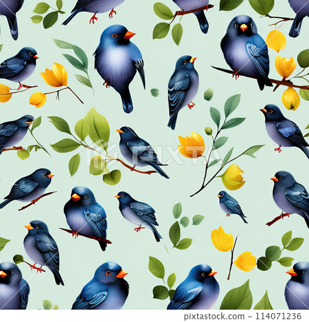 Romantic bright colorful background with birds and plants. Botanical theme design. Not seamless. 114071236